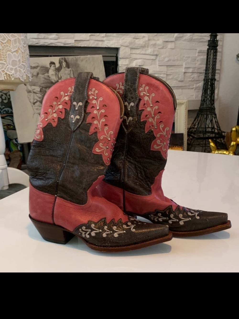 Tony Lama Women’s Cowboy Boots – Pink & Brown Embroidered, Size 5 B - Picture 4 of 12